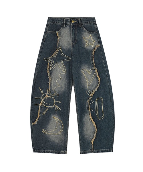 ジーンズ グラフィックステッチ ダメージ加工 デニムパンツ メンズ