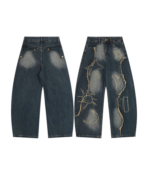 ジーンズ グラフィックステッチ ダメージ加工 デニムパンツ メンズ