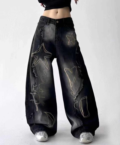 ジーンズ グラフィックステッチ ダメージ加工 デニムパンツ メンズ