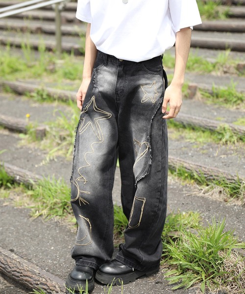 ジーンズ グラフィックステッチ ダメージ加工 デニムパンツ メンズ