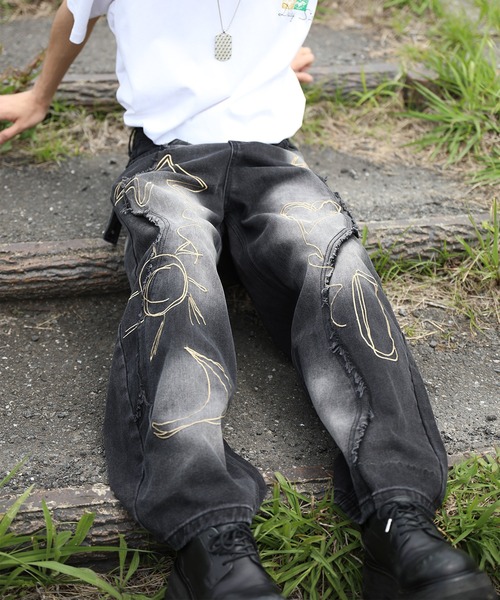 ジーンズ グラフィックステッチ ダメージ加工 デニムパンツ メンズ