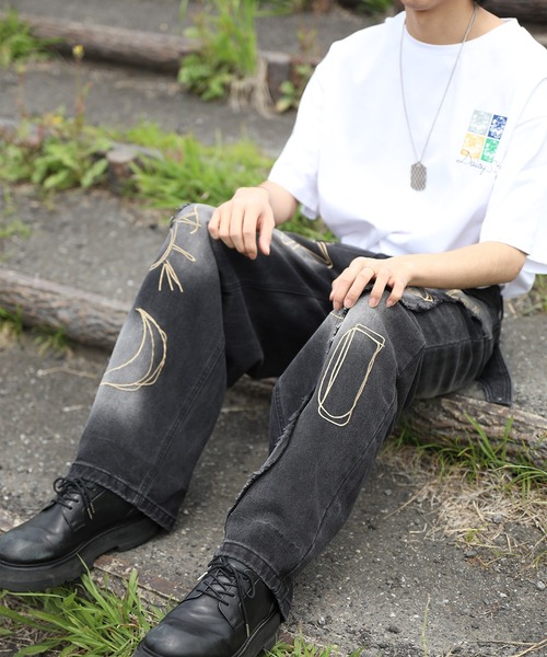 ジーンズ グラフィックステッチ ダメージ加工 デニムパンツ メンズ