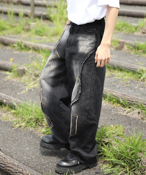 ワイドパンツ ジーンズ グラフィックステッチ ダメージ加工 デニム