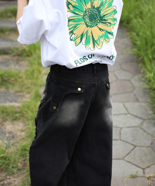 ワイドパンツ ジーンズ グラフィックステッチ ダメージ加工 デニム