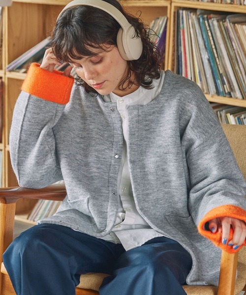 カーディガン ダブルフェイス配色ノーカラーニットカーディガン