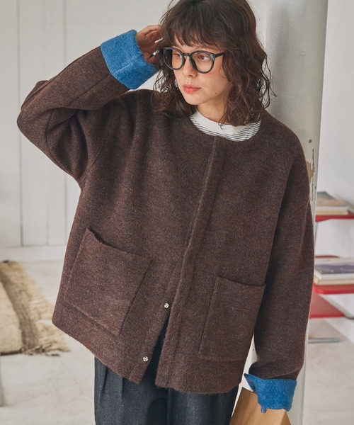 カーディガン ダブルフェイス配色ノーカラーニットカーディガン