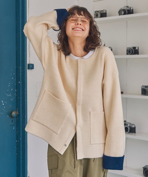 カーディガン ダブルフェイス配色ノーカラーニットカーディガン