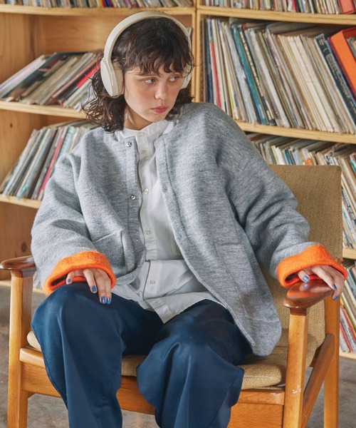 カーディガン ダブルフェイス配色ノーカラーニットカーディガン