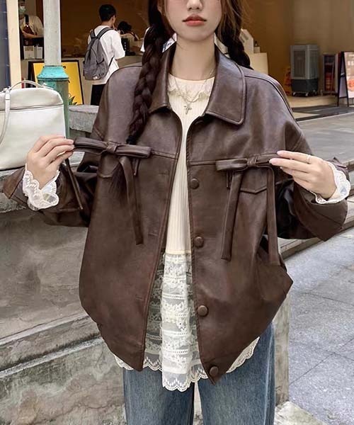DIDDI MODA リボン レザージャケット Mサイズ バレエコア y2k Diddi Moda Ribbon Leather Jacket - Jacket Hub