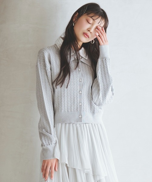MERCURYDUO POLO別注シャツレイヤード風ケーブルカーディガン AND COUTURE（アンドクチュール） カーディガン シャツレイヤード風