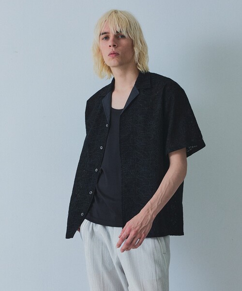 5351 POUR LES HOMMES シャツ 半袖 エンブロイダリー オープンカラー