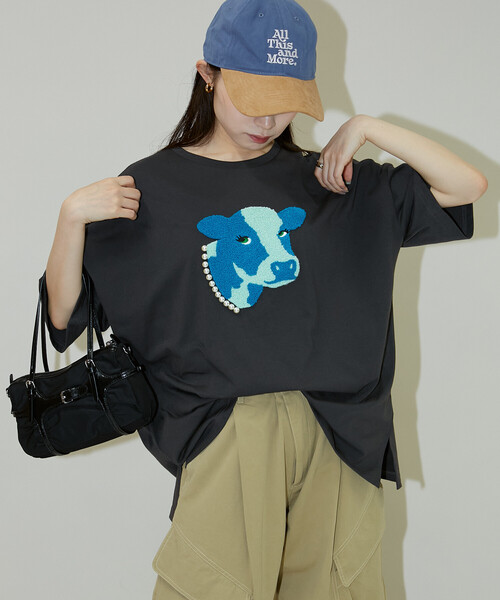 PUBLUX（パブリュクス） tシャツ 半袖 パール付 牛 相良刺繍 ビッグ T