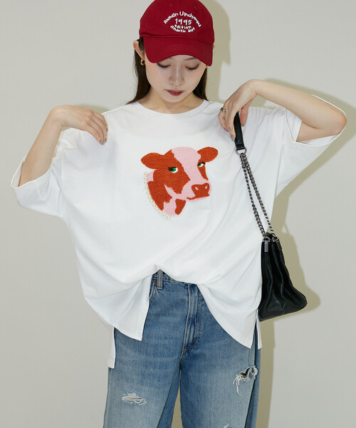 PUBLUX（パブリュクス） tシャツ 半袖 パール付 牛 相良刺繍 ビッグ T