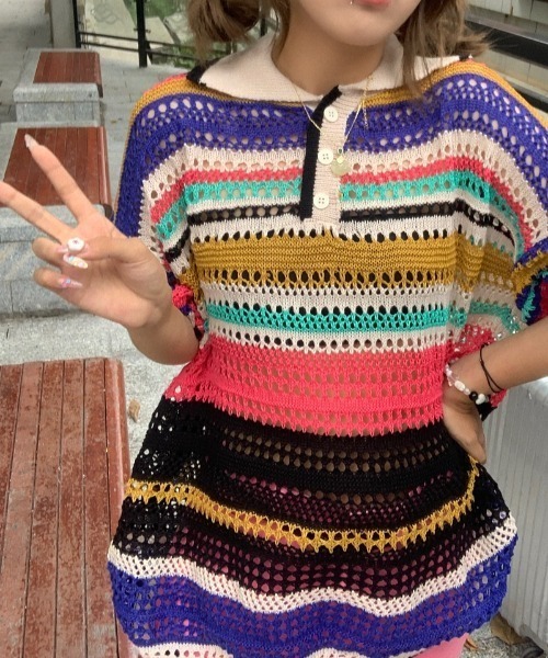 「Achic」 半袖ニット M ピンク レディース_画像9