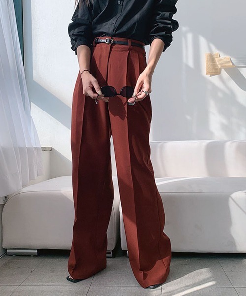 by muni:r パンツ スラックス ロングワイドピンタックベルト