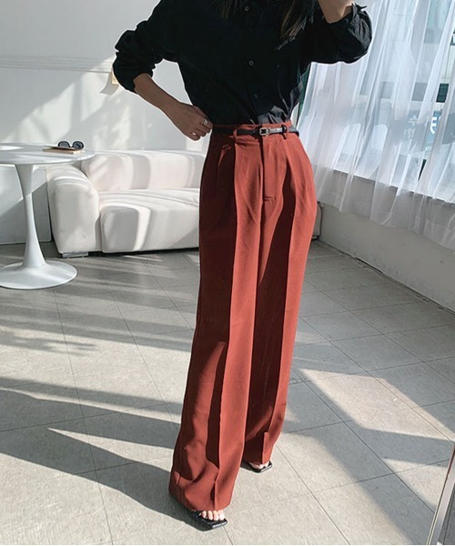 by muni:r パンツ スラックス ロングワイドピンタックベルト