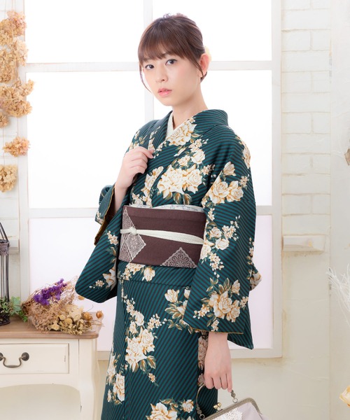 KIMONOMACHI 着物 レディース 洗える着物2点セット(着物+京袋帯) M/L