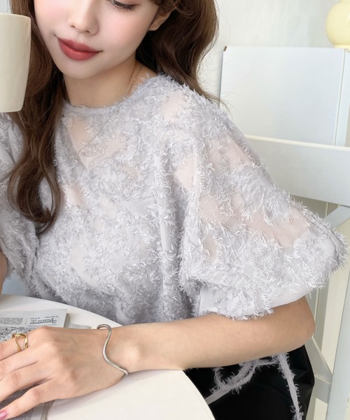 ブラウス シャツ フラワーフリンジジャガード半袖すそドロストリボンショートプルオーバー レディース | moment+ | 16