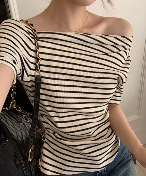 tシャツ オフショルダーボーダートップス レディース Achic tシャツ オフショル半袖ボーダーカットソー レディース