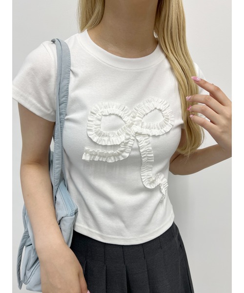リボンモチーフ ホワイト Tシャツ 半袖 tシャツ 「PHILLY」ギャザーリボンモチーフTシャツ レディース