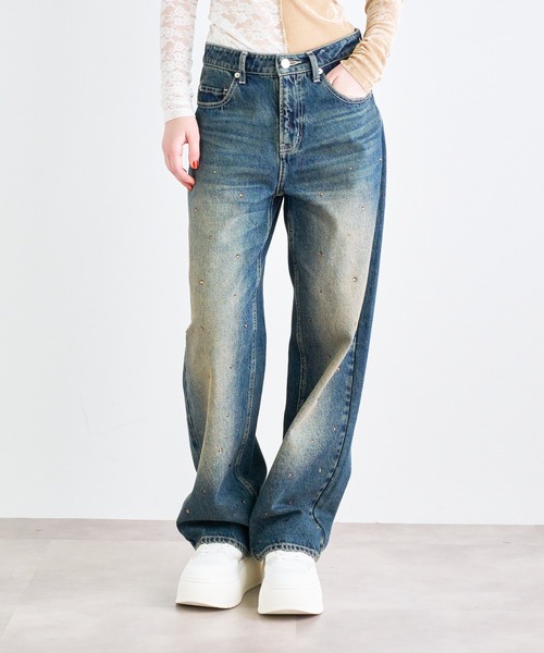 ジーンズ デニム デニムパンツ ラインストーンオーバーダイバギー