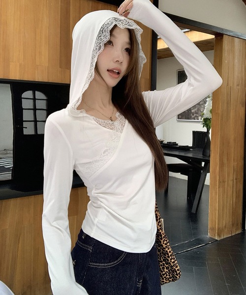 MEMECLE（メメクル） tシャツ 「 」レースフード付きTシャツ