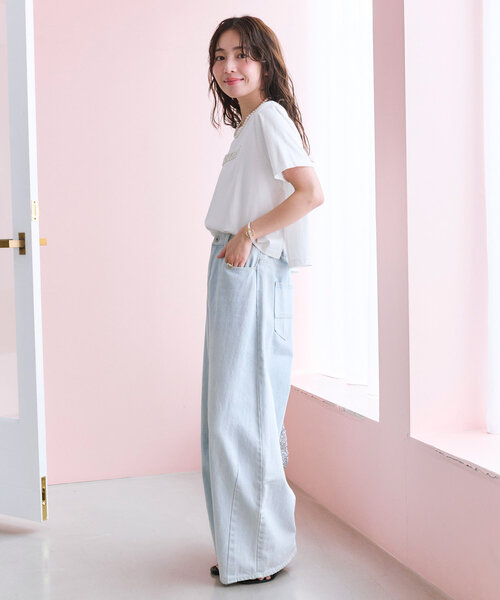tシャツ 「最強愛されパールロゴ」パールモチーフクロップドTシャツ レディース La boutique Bonbon tシャツ 「最強愛されパールロゴ」パール