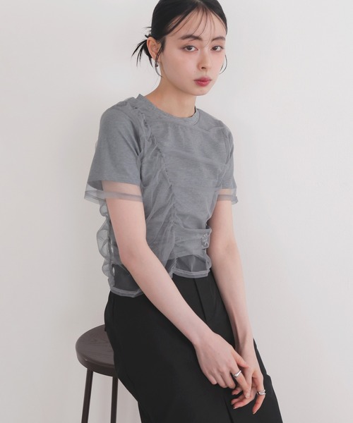 LIAN tシャツ シャーリングチュールレイヤードTシャツ