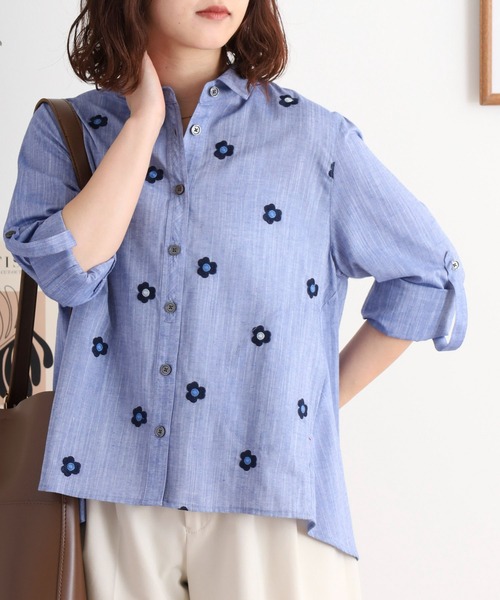 ブラウス シャツ BRODIAEA 花柄刺繍シャンブレーシャツ ポケット付き長袖ブラウス レディース