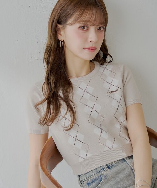ニット セーター アーガイル半袖ニットトップス レディース Chico ニット セーター アーガイル半袖チビニット レディース