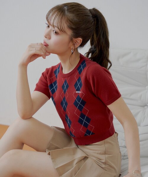 美品☆チコ 半袖ニットソー アーガイル柄 スクエアネック サマーニット 春夏 黒 Chico ニット セーター アーガイル半袖チビニット レディース