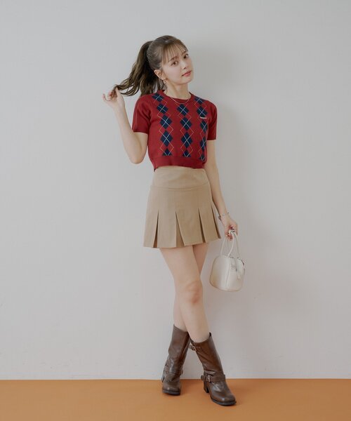 美品☆チコ 半袖ニットソー アーガイル柄 スクエアネック サマーニット 春夏 黒 Chico ニット セーター アーガイル半袖チビニット レディース