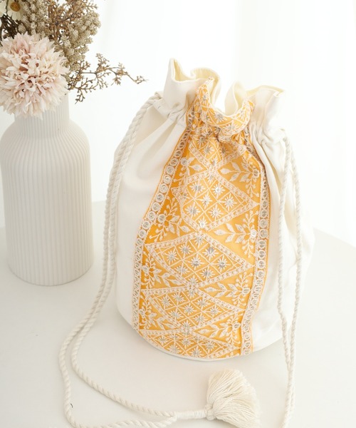 MOTO トートバッグ インド刺繍リボン丸底巾着BAG レディース