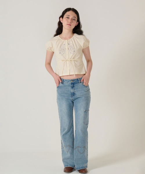 ブラウス シャツ 刺繍入り ウエストリボンブラウス TINA：JOJUN レディース TINA：JOJUN ブラウス シャツ 刺繍入り ウエストリボンブラウス