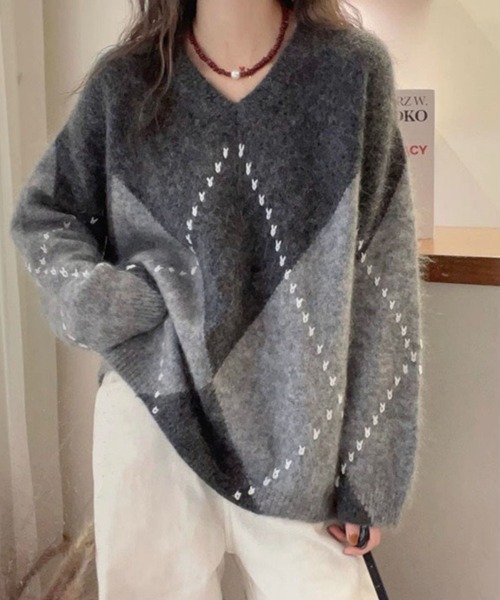 CADBURY（キャドバリー） ニット セーター Vネックアーガイル柄ニット