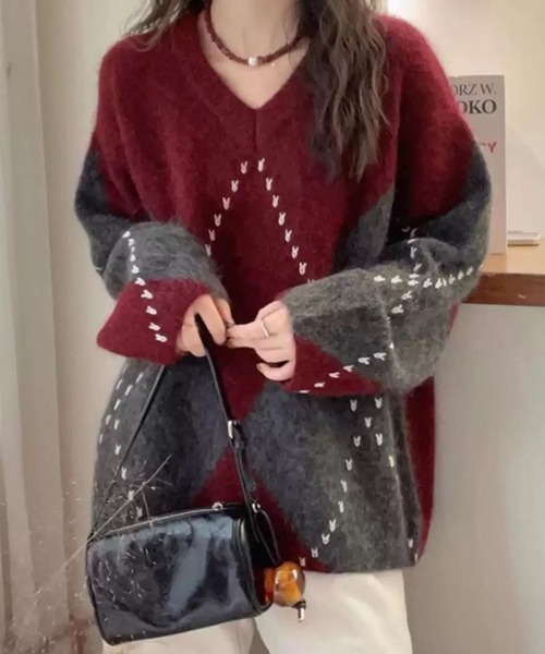 CADBURY（キャドバリー） ニット セーター Vネックアーガイル柄ニット