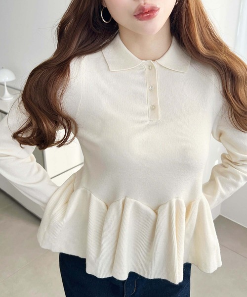 moment+ ニット セーター えり付きフリルヘムリブニットプルオーバー