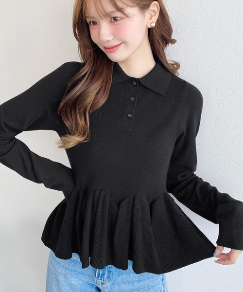 moment+ ニット セーター えり付きフリルヘムリブニットプルオーバー