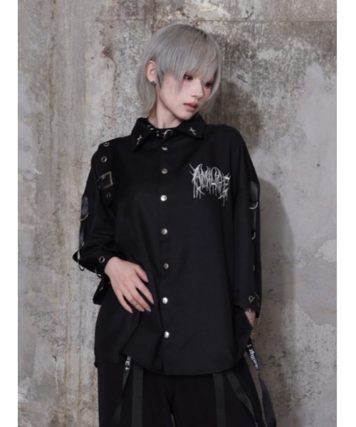 Amilige 袖リングシャツ　ブラック Amilige（アミリージュ） ブラウス シャツ Dark Bat Cross袖リング