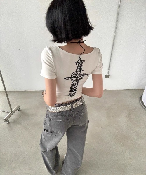 tシャツ 半袖 バックプリント 十字架デザインスリーブT Y2K 半袖