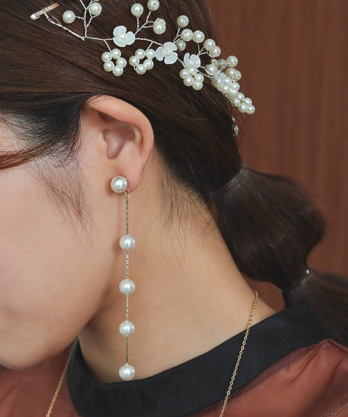 エレガントなパールロングピアス Kana ピアス 5連 パール ロング パーティー 結婚式 お呼ばれ