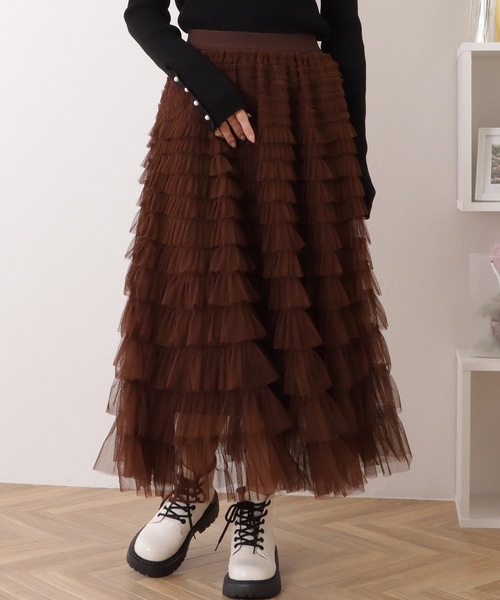 Lace Ladies スカート チュール フリル レイヤード ロング