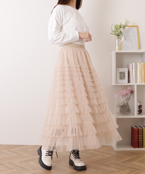チュール ロングスカート フリル エレガント r-2064 Lace Ladies スカート チュール フリル レイヤード ロング