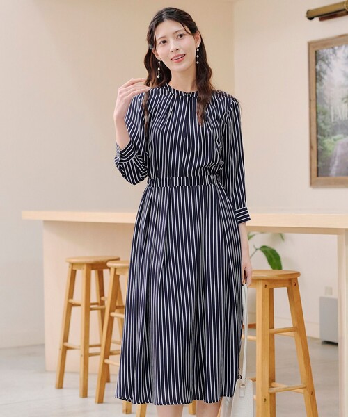 Tiaclasse ワンピース 「2WAY・洗える」バンドカラーストライプリボン
