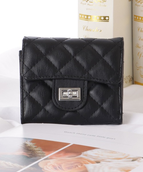 ブラック キルティング 三つ折り財布 Lace Ladies 財布 レザー調 キルティング コンパクト 三つ折り
