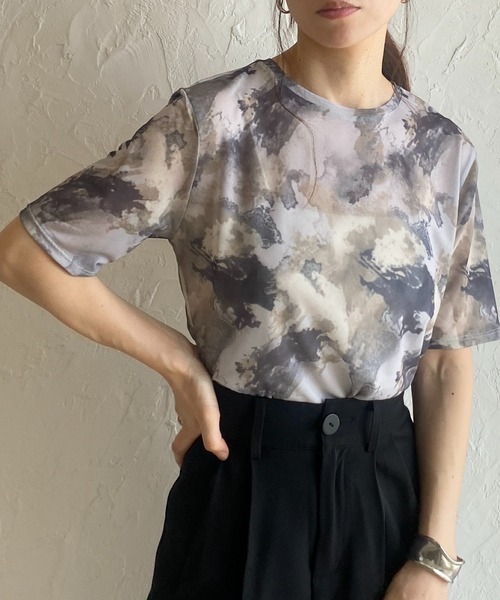 She's Closet tシャツ 半袖 マーブル水彩ニュアンス柄半袖クルーネック