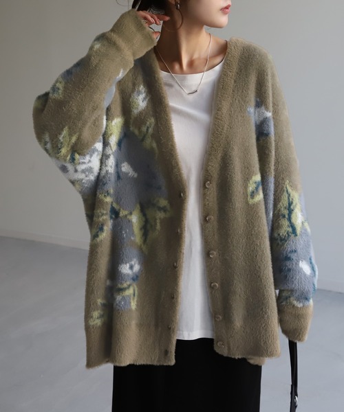 HUG.U（ハグユー） カーディガン 花柄ニットカーディガン レディース