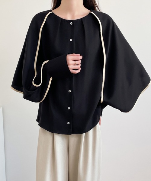 ABITOKYO ブラウス シャツ 配色パイピングレイヤード風ケープ