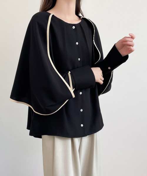ブラウス シャツ 配色パイピングレイヤード風ケープブラウス レディース ABITOKYO ブラウス シャツ 配色パイピングレイヤード風ケープ
