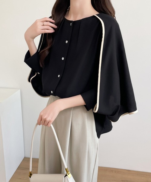 ブラウス シャツ 配色パイピングレイヤード風ケープブラウス レディース ABITOKYO ブラウス シャツ 配色パイピングレイヤード風ケープ
